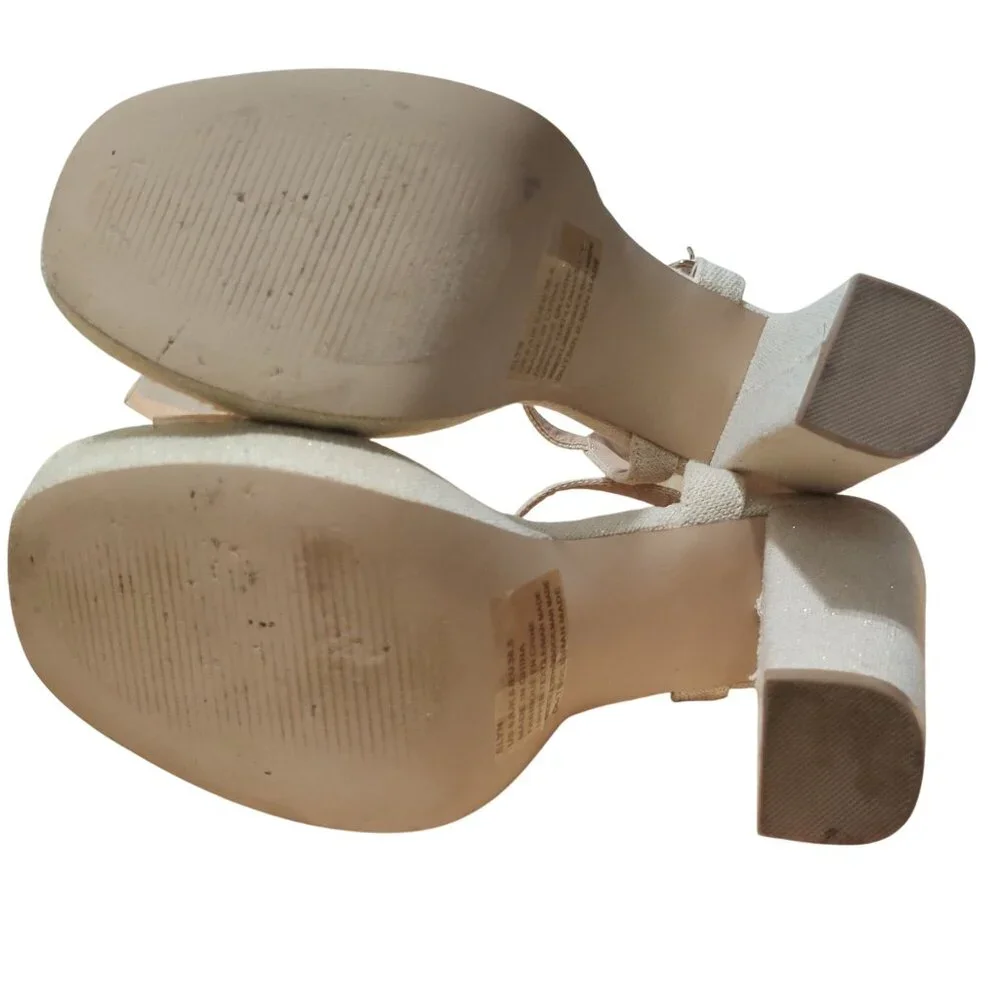 JustFab 8 Platform Block Heel Clear Strap Sandals Gold Glitter Linen Bridal Chic
